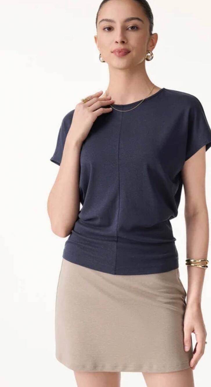 OGL Smoky Navy Blue Scoop Neck Short Sleeve Tucked Tee Top Women Size L